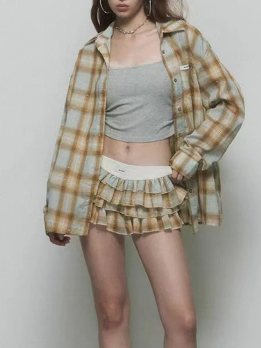 Casual Lapel Long Sleeve Top High Waist Mini Skirt Minimalist Two Piece Set