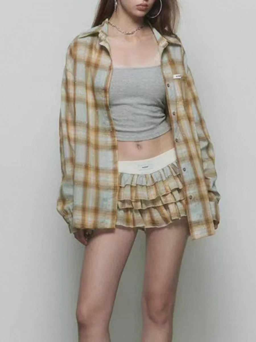 Casual Lapel Long Sleeve Top High Waist Mini Skirt Minimalist Two Piece Set