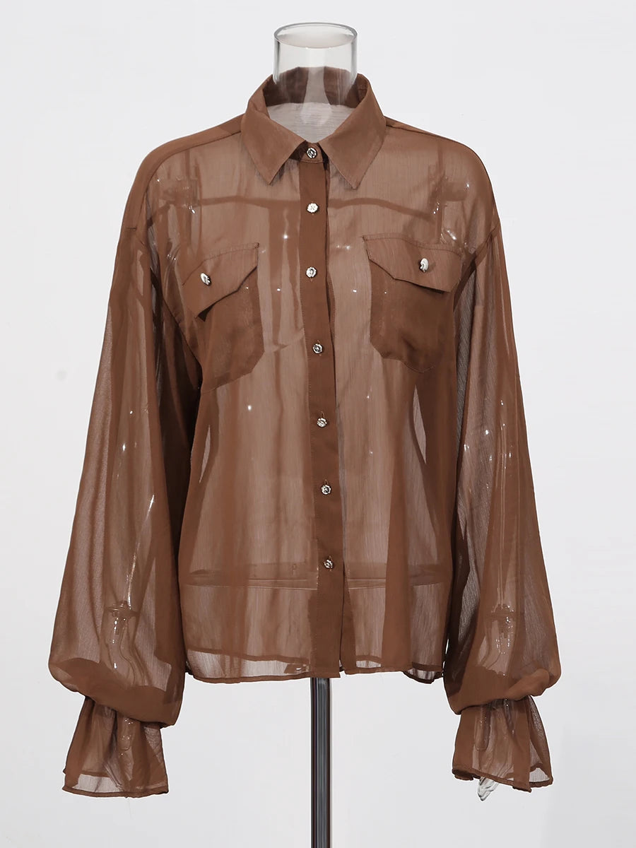 Lapel Long Sleeves Sheer Spliced Button High Waist Pant Set