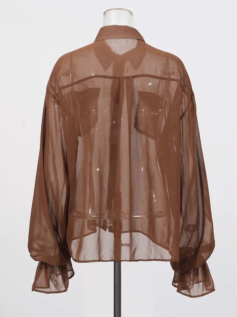 Lapel Long Sleeves Sheer Spliced Button High Waist Pant Set