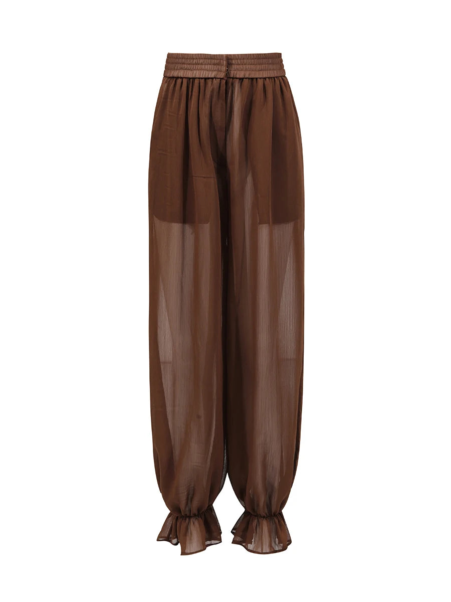 Lapel Long Sleeves Sheer Spliced Button High Waist Pant Set
