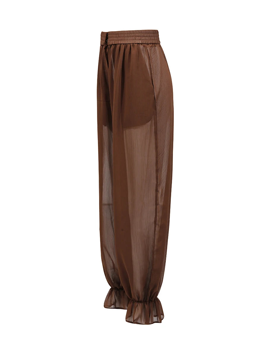 Lapel Long Sleeves Sheer Spliced Button High Waist Pant Set