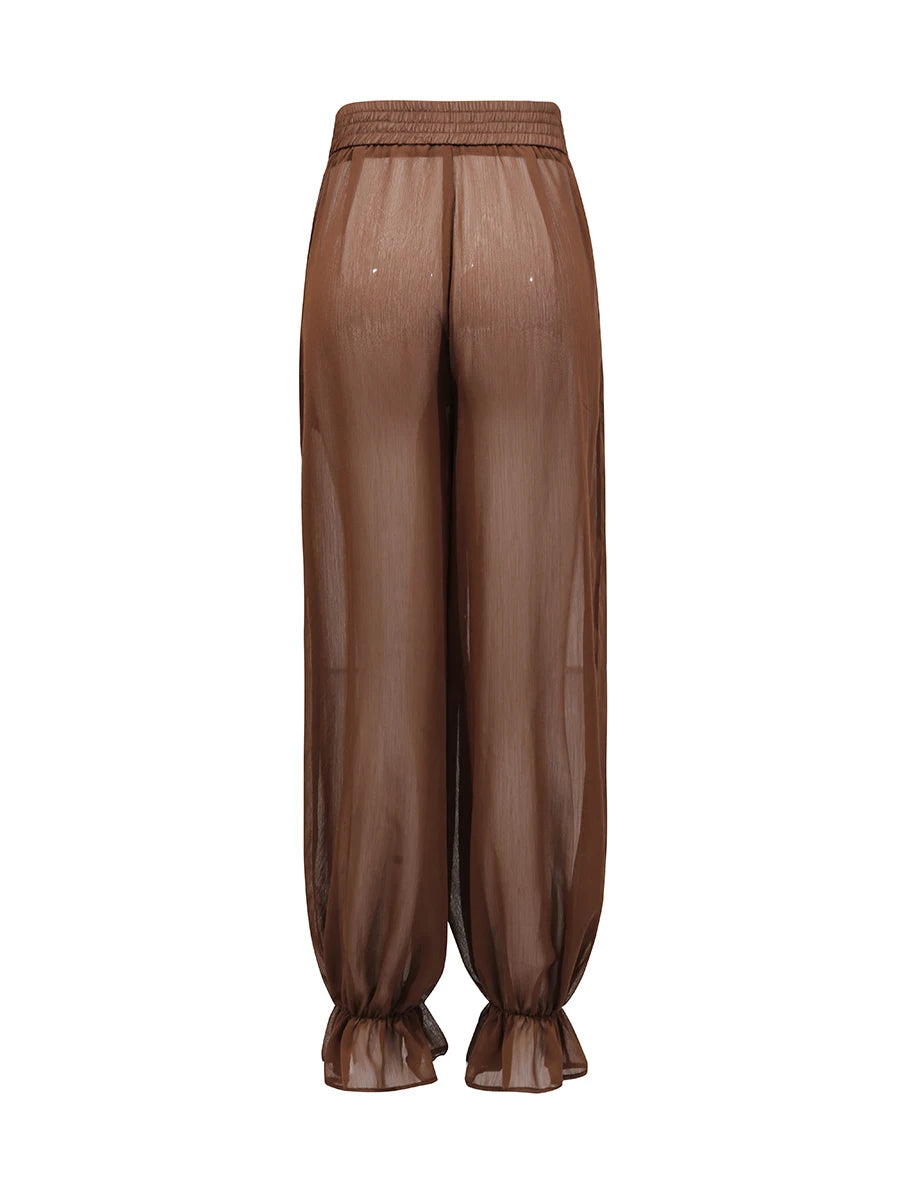 Lapel Long Sleeves Sheer Spliced Button High Waist Pant Set