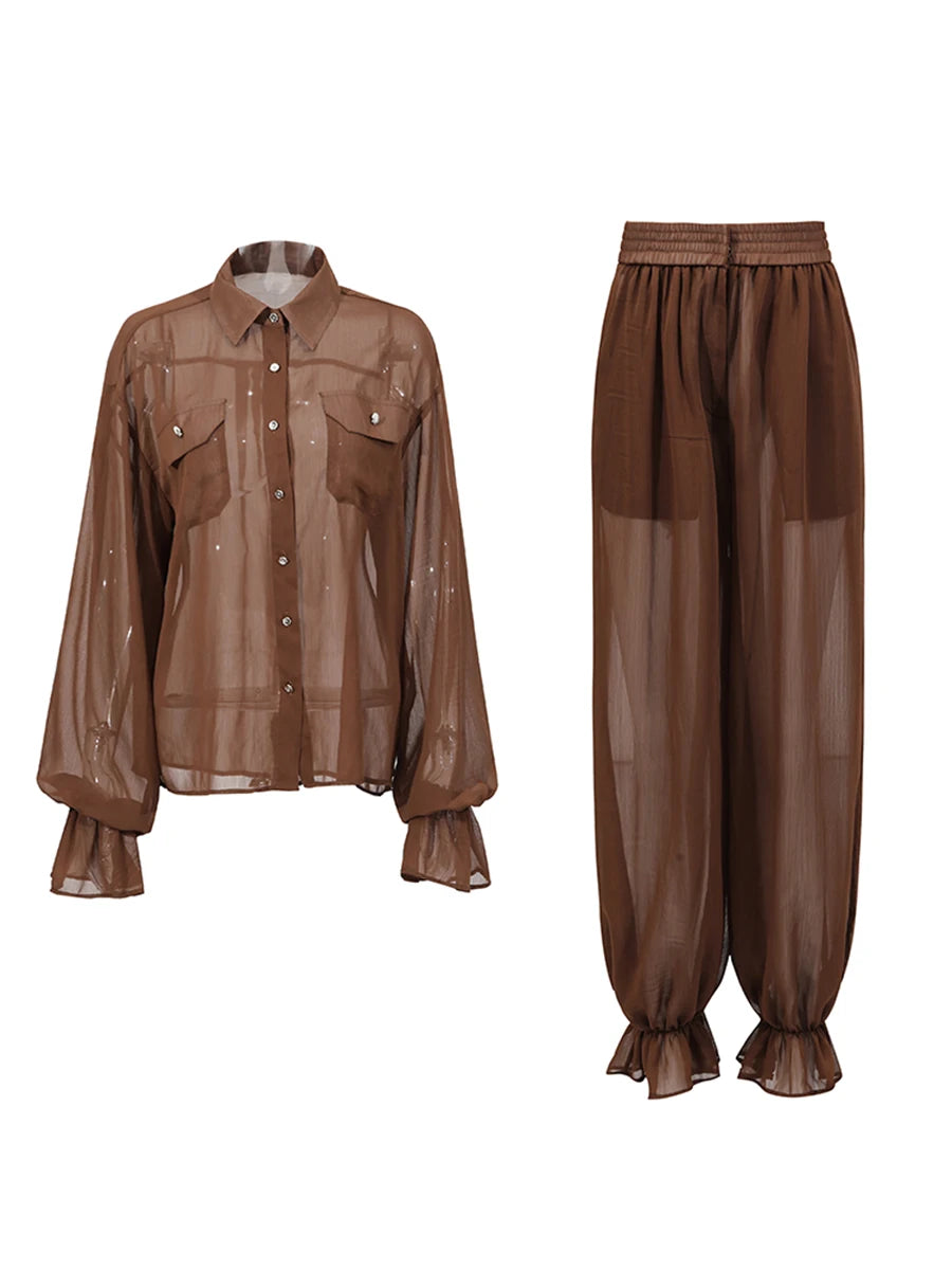 Lapel Long Sleeves Sheer Spliced Button High Waist Pant Set