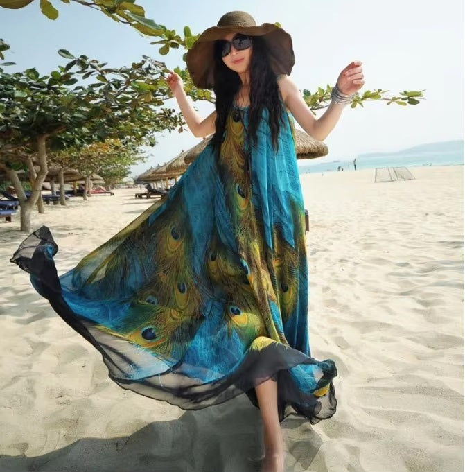 Large Swing Bohemian Style Beach Printed Chiffon Dress