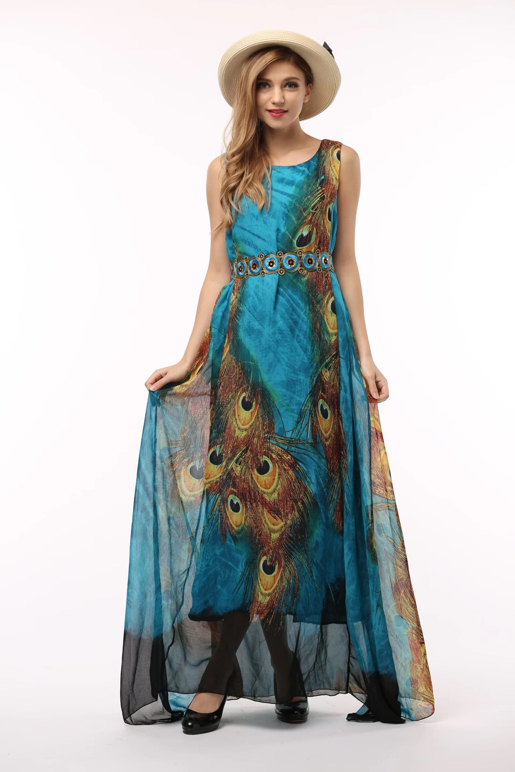 Large Swing Bohemian Style Beach Printed Chiffon Dress