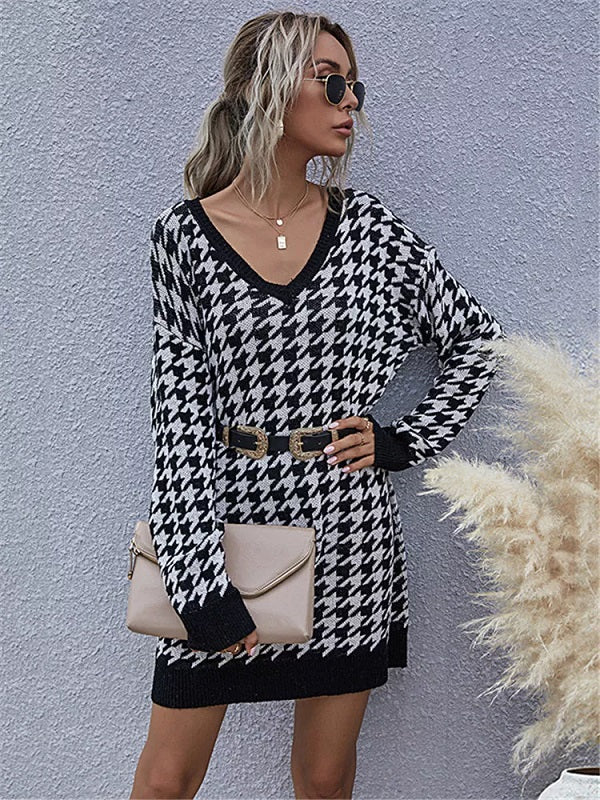 Lattice Casual V-neck Knitting Outside Party Dress