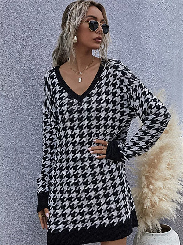 Lattice Casual V-neck Knitting Outside Party Dress