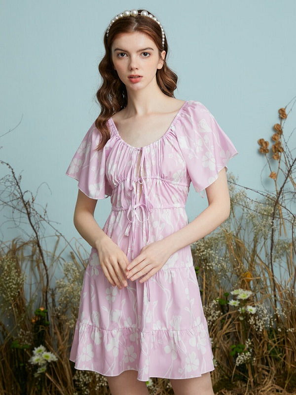 Leaves Print Front Knot Short Sleeve U-neck Dress