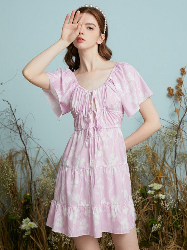 Leaves Print Front Knot Short Sleeve U-neck Dress