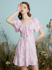 Leaves Print Front Knot Short Sleeve U-neck Dress