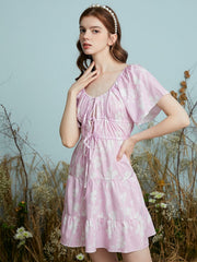 Leaves Print Front Knot Short Sleeve U-neck Dress