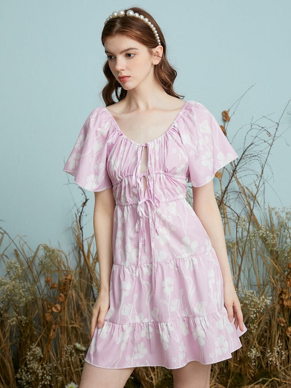Leaves Print Front Knot Short Sleeve U-neck Dress