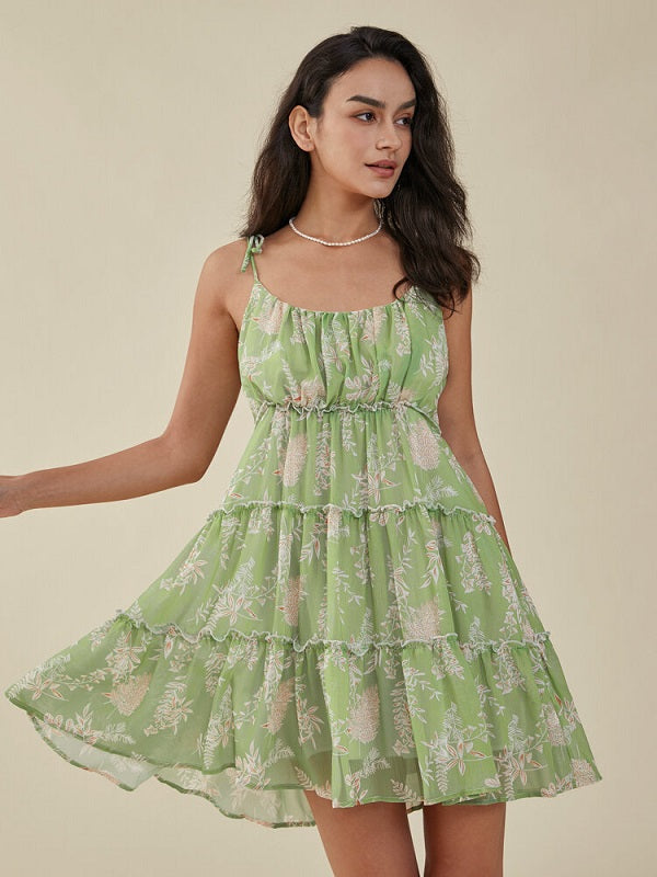 Leaves Print Knotted Strap Shirred Chiffon Mini Dress