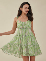 Leaves Print Knotted Strap Shirred Chiffon Mini Dress