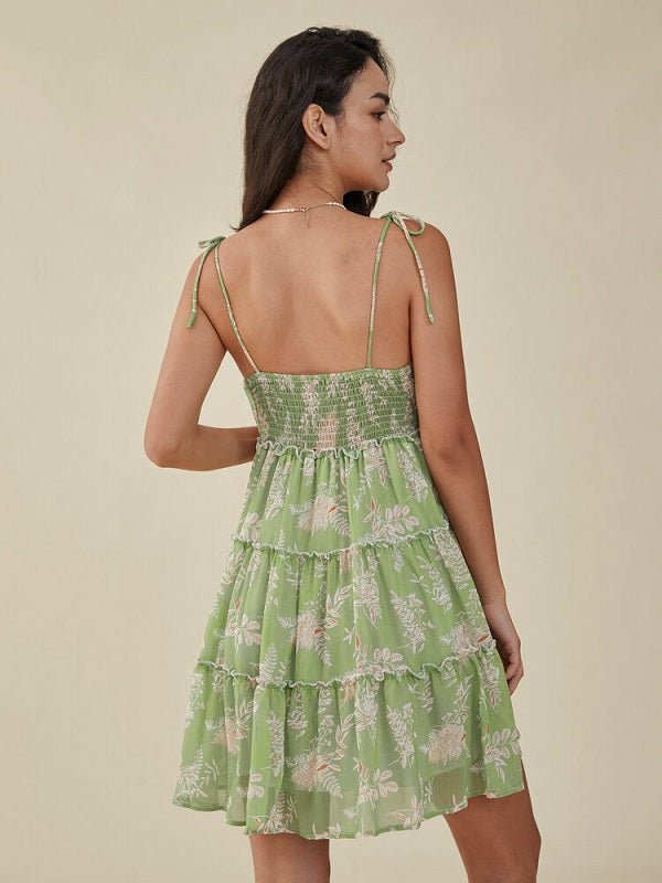 Leaves Print Knotted Strap Shirred Chiffon Mini Dress