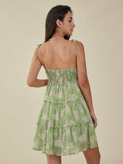 Leaves Print Knotted Strap Shirred Chiffon Mini Dress