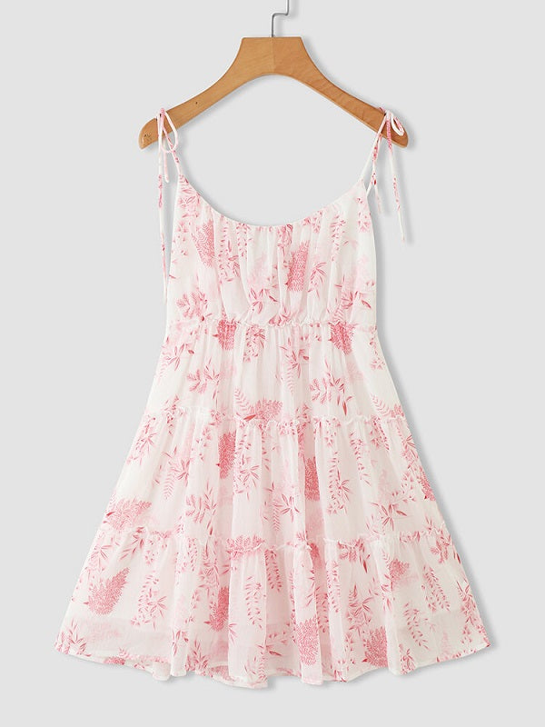 Leaves Print Knotted Strap Shirred Chiffon Mini Dress