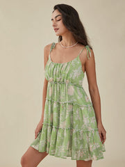 Leaves Print Knotted Strap Shirred Chiffon Mini Dress