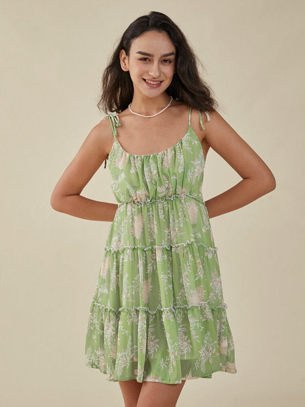 Leaves Print Knotted Strap Shirred Chiffon Mini Dress