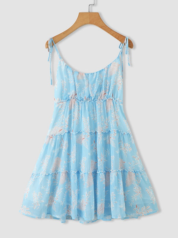 Leaves Print Knotted Strap Shirred Chiffon Mini Dress