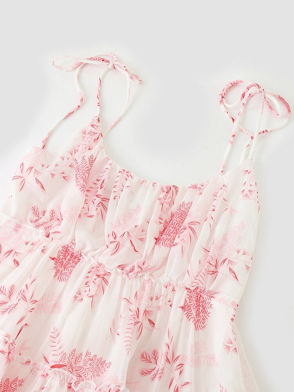 Leaves Print Knotted Strap Shirred Chiffon Mini Dress