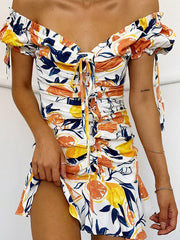 Lemon Print Off The Shoulder Beach Mini Dress