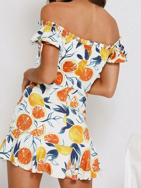 Lemon Print Off The Shoulder Beach Mini Dress