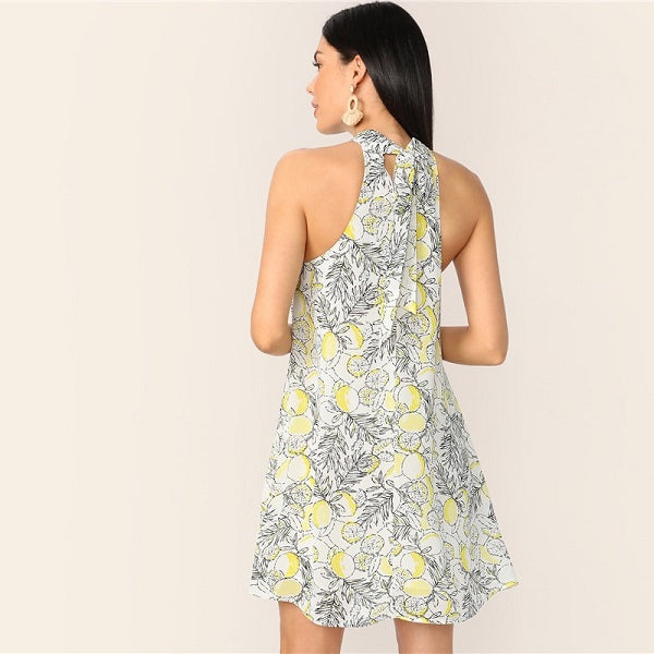 Casual Lemon Print Halter Short Mini Dress