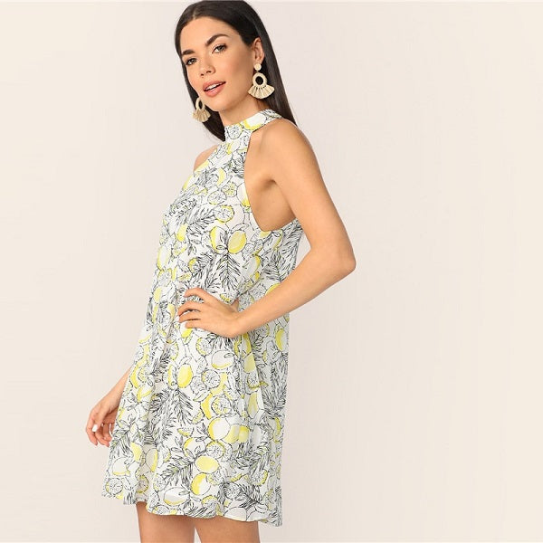 Casual Lemon Print Halter Short Mini Dress
