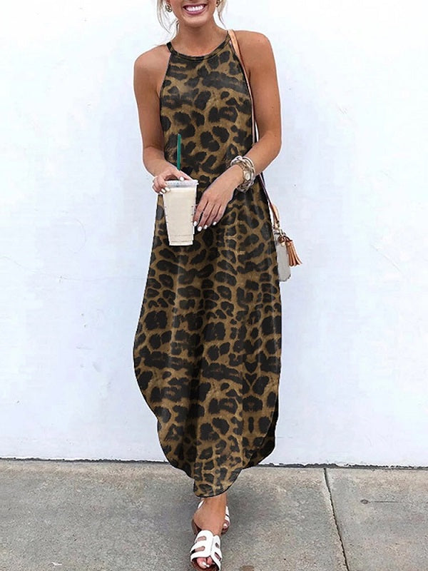Leopard Animal Print Sleeveless High Low Hem Maxi Dress
