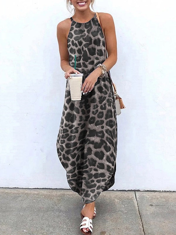 Leopard Animal Print Sleeveless High Low Hem Maxi Dress