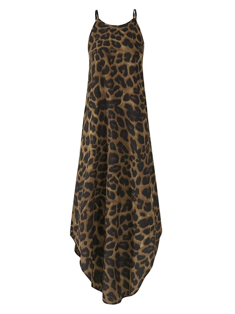 Leopard Animal Print Sleeveless High Low Hem Maxi Dress