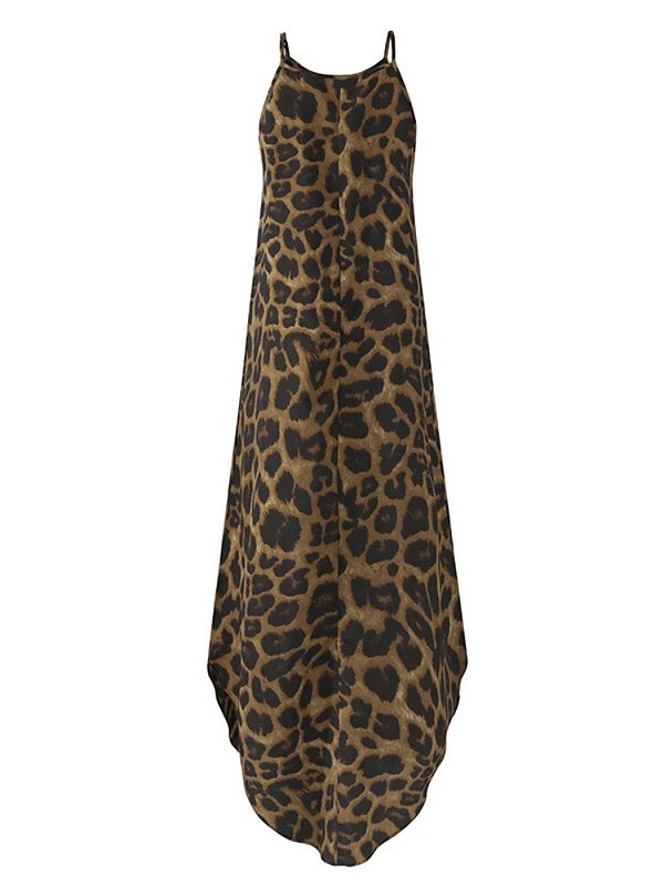 Leopard Animal Print Sleeveless High Low Hem Maxi Dress
