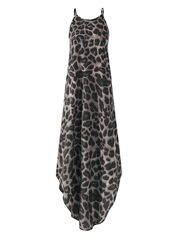 Leopard Animal Print Sleeveless High Low Hem Maxi Dress
