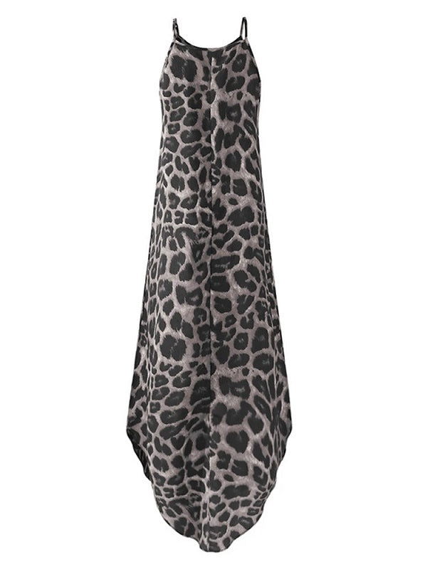 Leopard Animal Print Sleeveless High Low Hem Maxi Dress