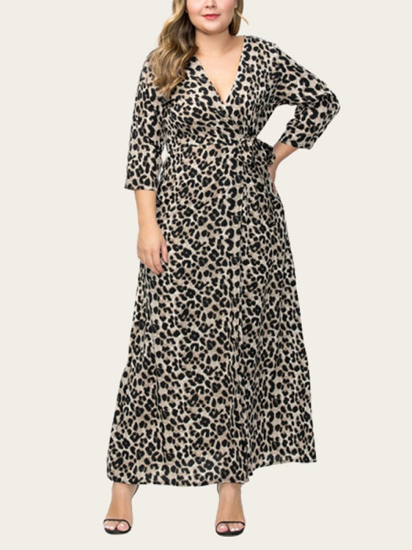 Leopard Elastic Waist Half Sleeve V-neck Maxi Plus Size Dress