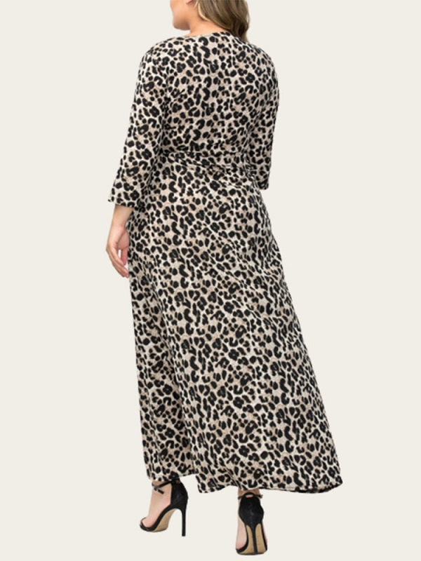 Leopard Elastic Waist Half Sleeve V-neck Maxi Plus Size Dress