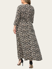 Leopard Elastic Waist Half Sleeve V-neck Maxi Plus Size Dress