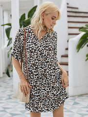 Leopard Print Half Sleeves V-neck Casual Dress