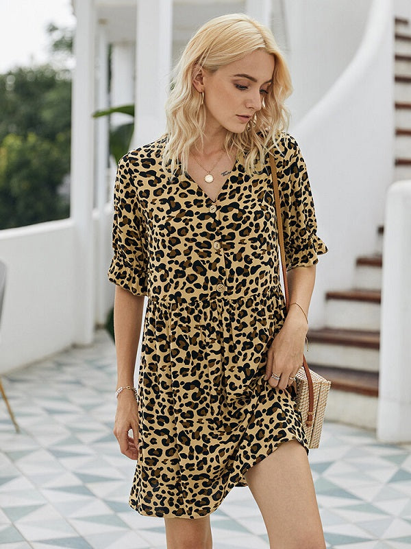 Leopard Print Half Sleeves V-neck Casual Dress