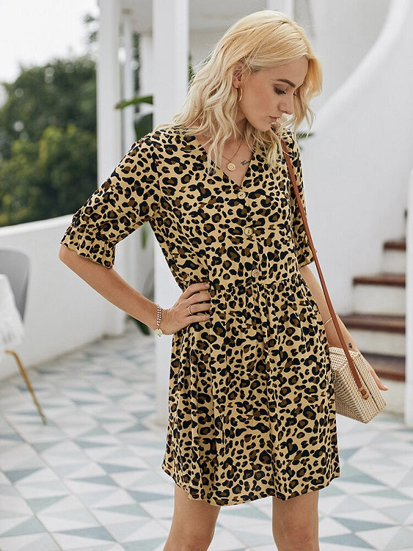 Leopard Print Half Sleeves V-neck Casual Dress