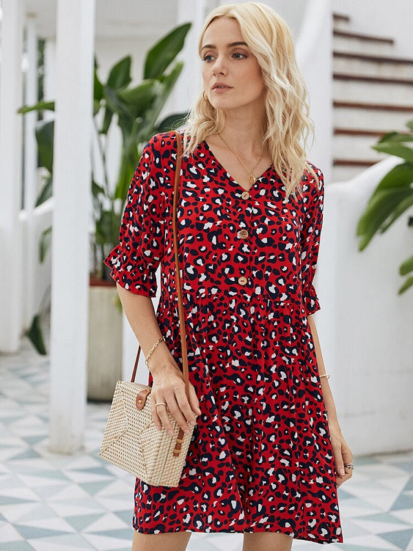 Leopard Print Half Sleeves V-neck Casual Dress