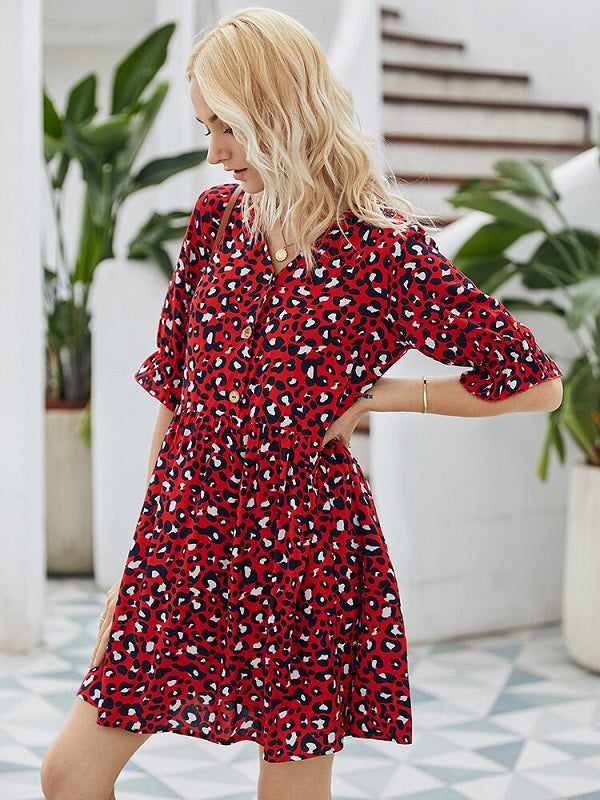 Leopard Print Half Sleeves V-neck Casual Dress