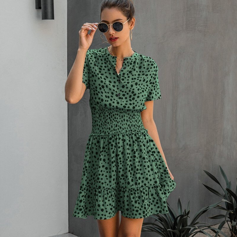 Leopard Print High Street Casual Short Sleeve Shirt Dress