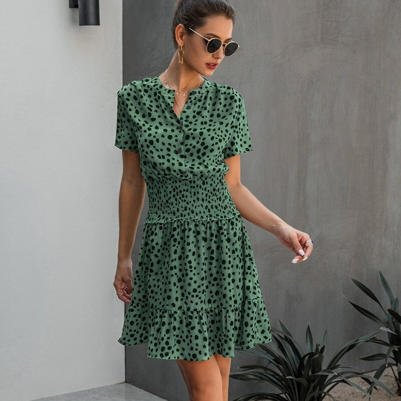Leopard Print High Street Casual Short Sleeve Shirt Dress