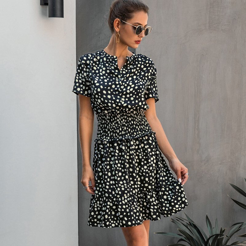 Leopard Print High Street Casual Short Sleeve Shirt Dress