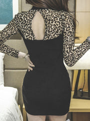 Leopard Print Long Sleeves Cut Out Backless Bodycon Dress