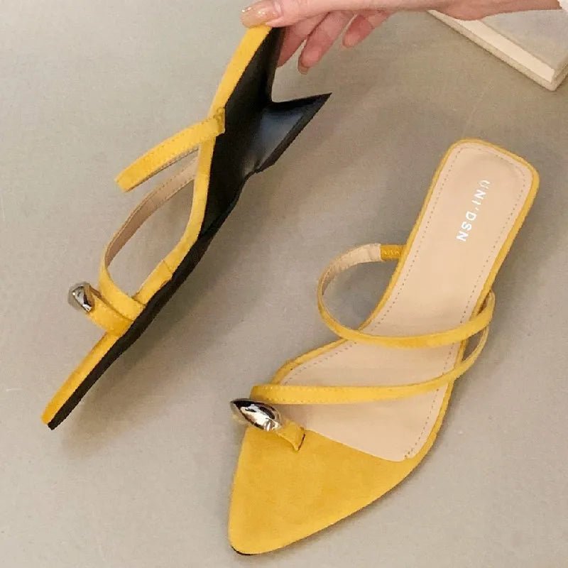 Leopard Print Narrow Band Design Sandals Metal Decoration Pointed Toe Slide Sandal Comfortable Non-slip Beach Shoe