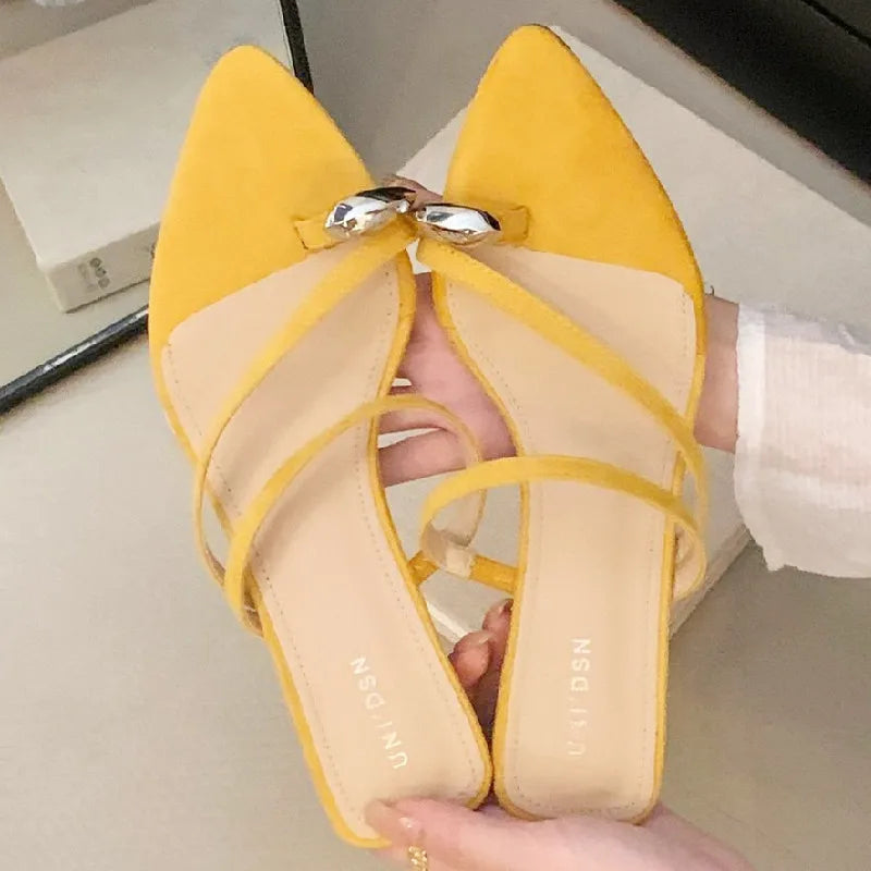 Leopard Print Narrow Band Design Sandals Metal Decoration Pointed Toe Slide Sandal Comfortable Non-slip Beach Shoe
